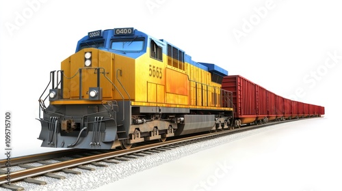 A colorful freight train on tracks, designed for transporting goods efficiently.
