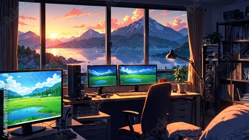 Serene Anime Workspace Overlooking Mountain and Lake