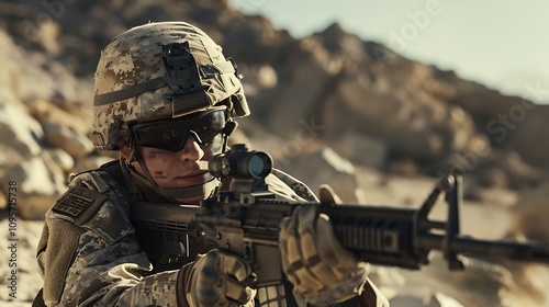 A soldier in a desert environment aiming a rifle, showcasing military readiness and focus.