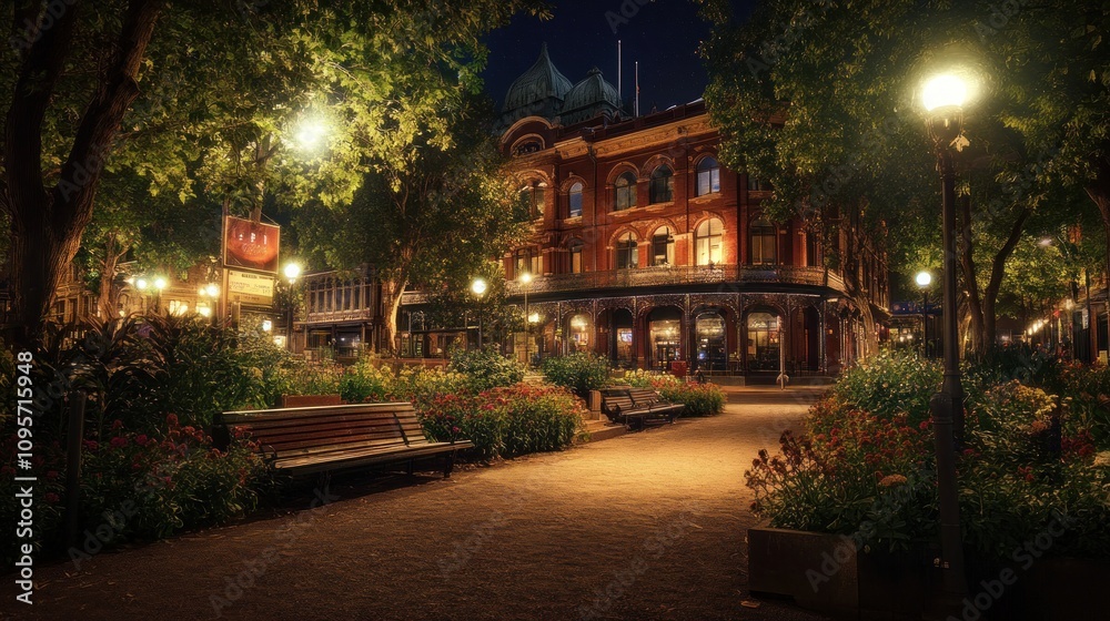 A serene nighttime scene featuring a beautifully lit park with benches and vibrant flowers. A serene nighttime scene featuring a beautifully lit park with benches and vibrant flowers.