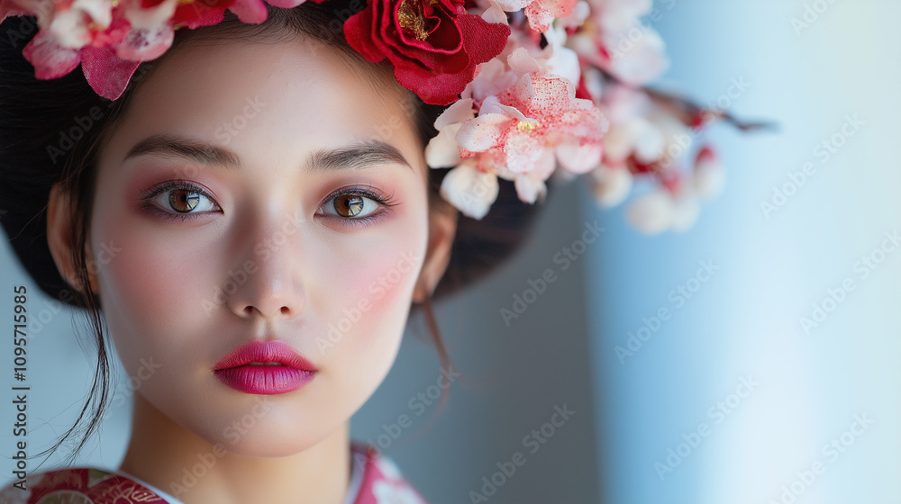 Fototapeta premium Close-up of Japanese model wearing traditional kanzashi hair accessory, with clean modern outfit - Elegant and unique