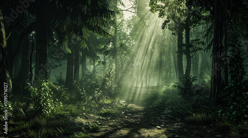 Sunlight Breaking Through Fog on a Pine Tree Forest Path.