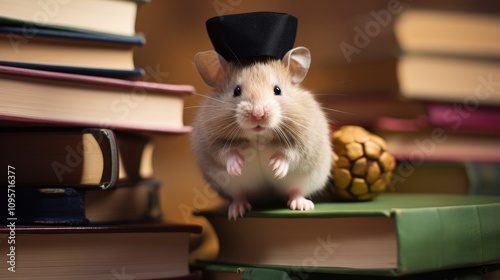 An adorable Syrian hamster graduate sitting on a pile of books, wearing a tiny graduation hat and holding a miniature diploma, with a proud and excited look on its face. photo