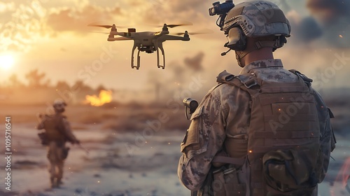 A soldier operates a drone in a war-torn landscape at sunset, highlighting modern military technology.