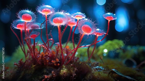 Drosera burmannii Vahl with its bright, red-tipped glandular hairs glistening in a vibrant, surreal setting, emphasizing the plant's unique, otherworldly beauty. photo