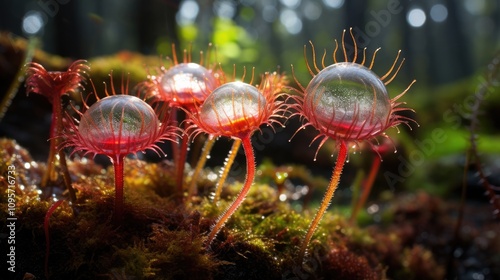 Drosera burmannii Vahl with its bright, red-tipped glandular hairs glistening in a vibrant, surreal setting, emphasizing the plant's unique, otherworldly beauty. photo