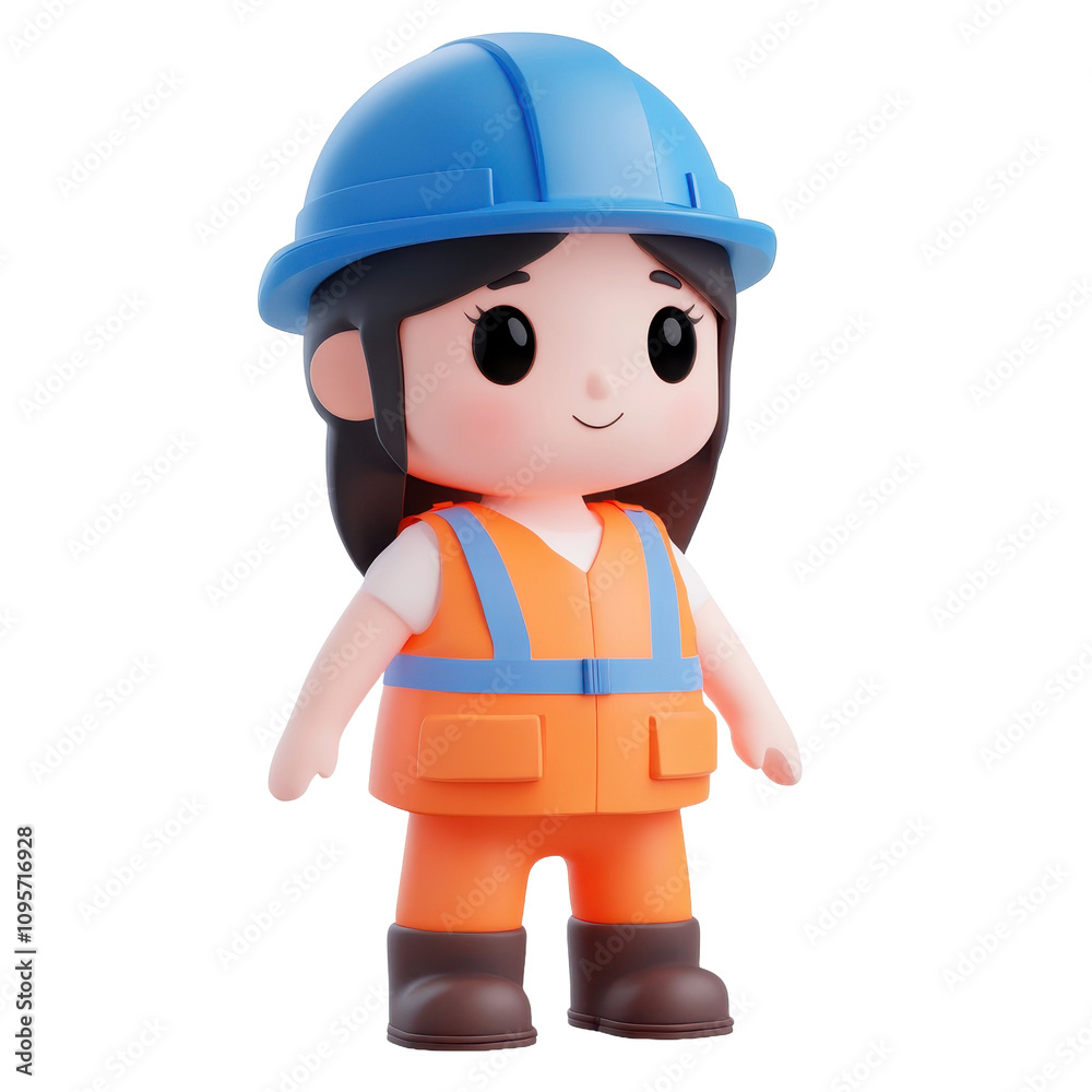 A 3D rendered illustration of a cute female cartoon character dressed in a construction worker uniform and safety helmet. A 3D rendered illustration of a cute female cartoon character dressed in a construction worker uniform and safety helmet.