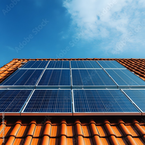 Solar panel installation on residential roof eco-friendly home sustainable energy urban environment rooftop view renewable energy benefits
