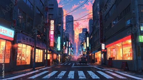 Vibrant Anime Street Scene in Tokyo at Sunset