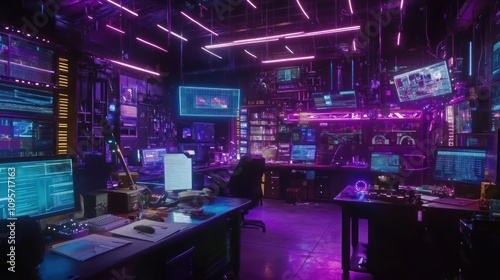 A futuristic control room filled with screens  vibrant lights  and advanced technology.