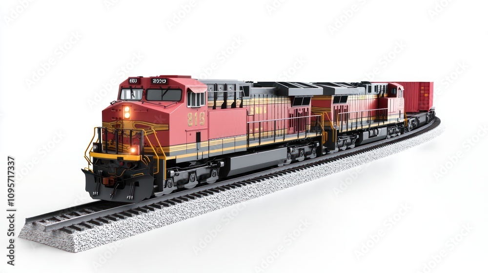 A model train set featuring a red locomotive and cargo cars on a curved track. A model train set featuring a red locomotive and cargo cars on a curved track.