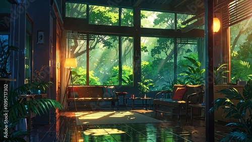 Vibrant Interior with Lush Greenery and Warm Light