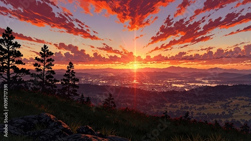 Vibrant Sunset Over Mountain Landscape in Anime Style