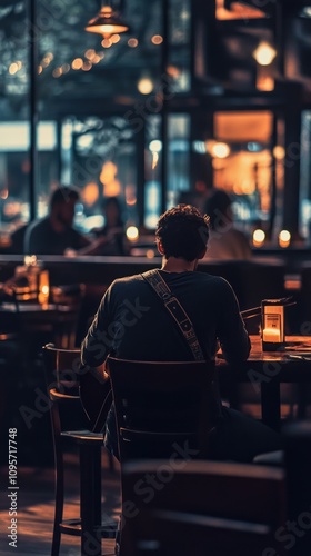 A musician sits alone in a dimly lit cafe, playing guitar amidst a relaxed atmosphere.