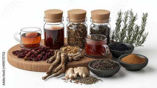 Assorted herbs and spices with herbal tea, displayed on a wooden board for cooking. photo