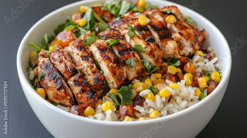 Delicious grilled chicken served over a colorful rice and corn salad in a bowl.