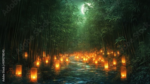 A serene bamboo forest illuminated by glowing lanterns, creating a tranquil atmosphere.