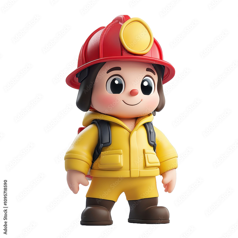 A 3D rendered image of a cute cartoon child dressed in a firefighter uniform and helmet. A 3D rendered image of a cute cartoon child dressed in a firefighter uniform and helmet.
