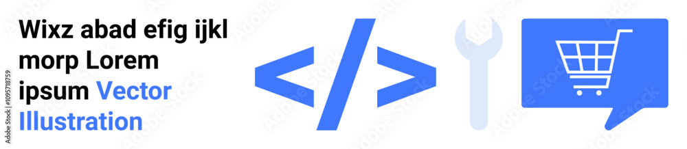 Blue code brackets, blue wrench, shopping cart icon in speech bubble. Ideal for technology, coding, e-commerce, development, online shopping, programming, tools. Landing page Blue code brackets, blue wrench, shopping cart icon in speech bubble. Ideal for technology, coding, e-commerce, development, online shopping, programming, tools. Landing page