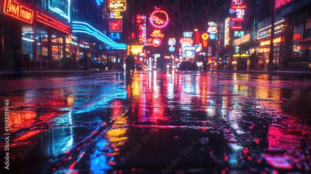 A vibrant, rainy city street illuminated by neon lights reflecting on wet pavement. A vibrant, rainy city street illuminated by neon lights reflecting on wet pavement.
