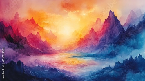 A vibrant landscape featuring mountains and a glowing sunset over a serene body of water.