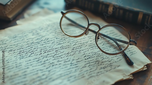 Vintage glasses on old handwritten letter with books in the background.