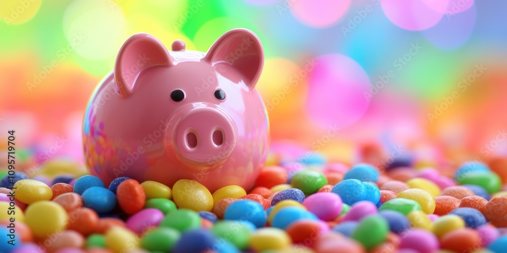 A pink piggy bank sits atop a colorful array of candy, symbolizing saving and indulgence. A pink piggy bank sits atop a colorful array of candy, symbolizing saving and indulgence.