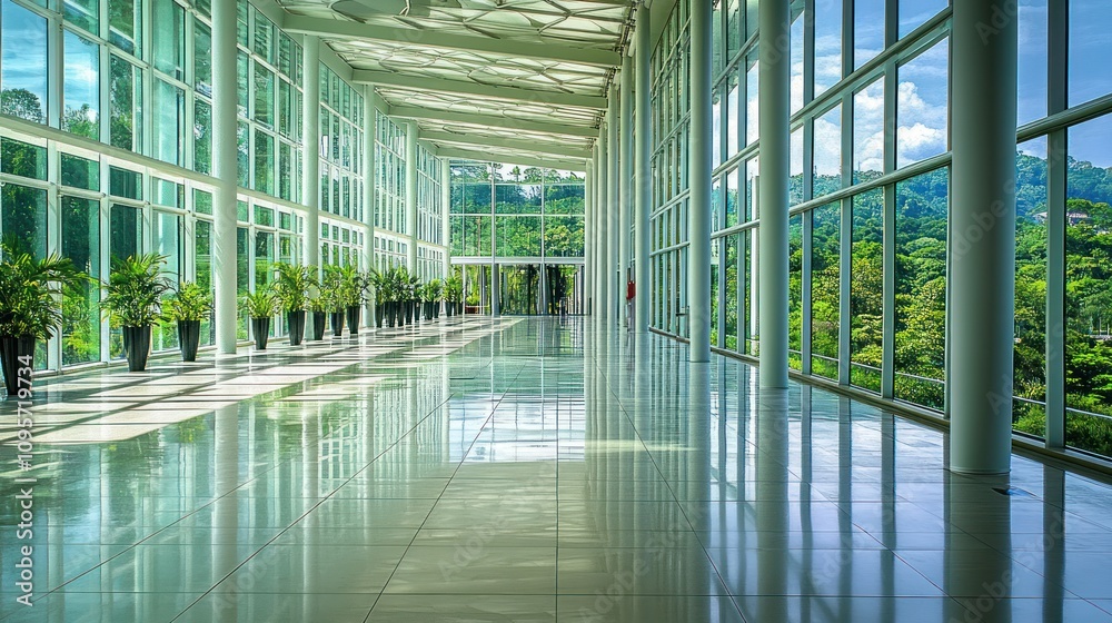 A modern, spacious corridor with large windows and greenery visible outside. A modern, spacious corridor with large windows and greenery visible outside.