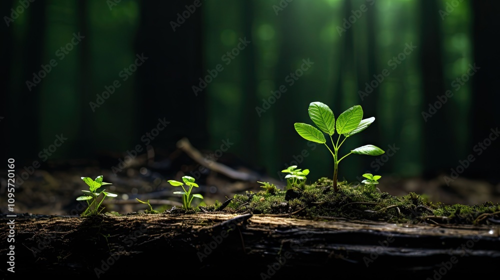 Young tree sprouting in the forest with fresh leaves growing from the soil Young tree sprouting in the forest with fresh leaves growing from the soil