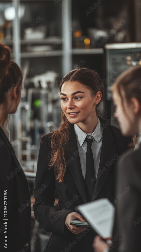 Three professionals engaged in conversation in a modern setting. Three professionals engaged in conversation in a modern setting.