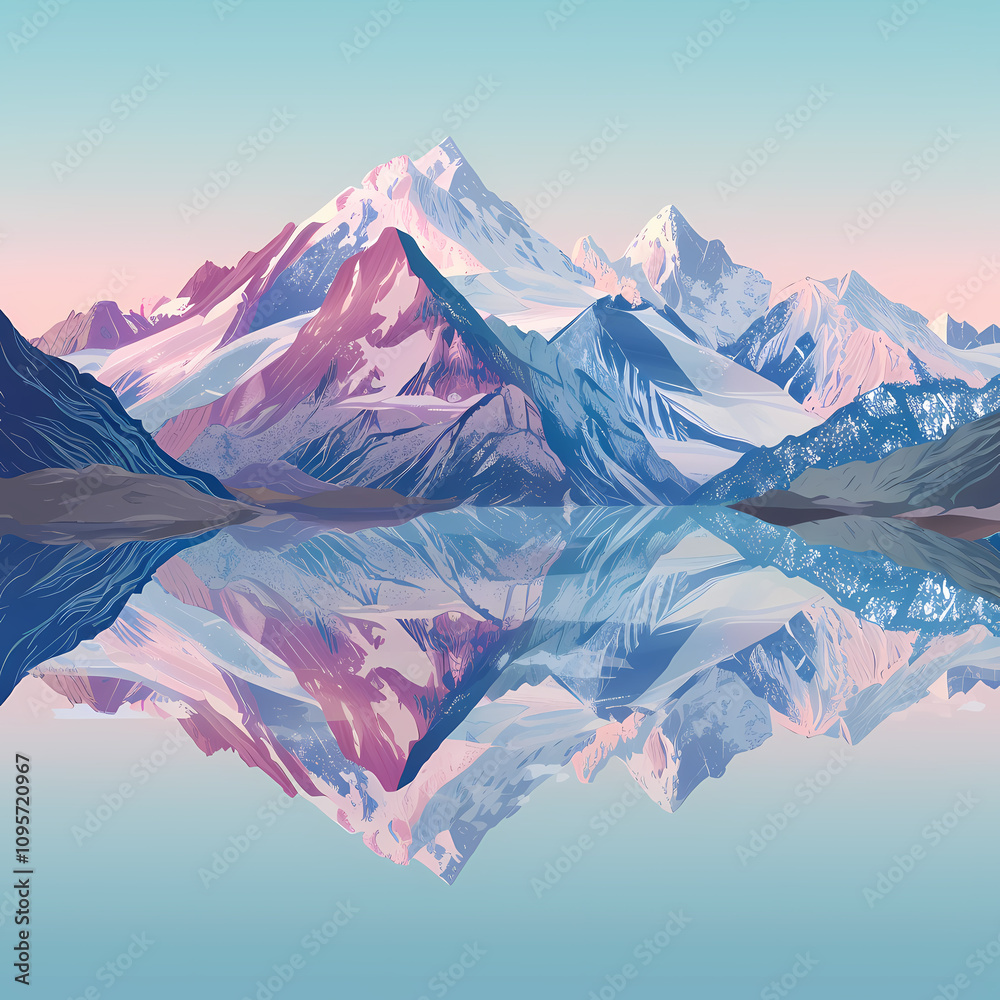 Fototapeta premium A stunning digital artwork of majestic mountains reflecting in a serene lake, showcasing vibrant colors and peaceful nature vibes.