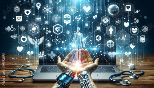 Medical A digital healthcare ecosystem with interconnected devices and patient data, representing the holis4