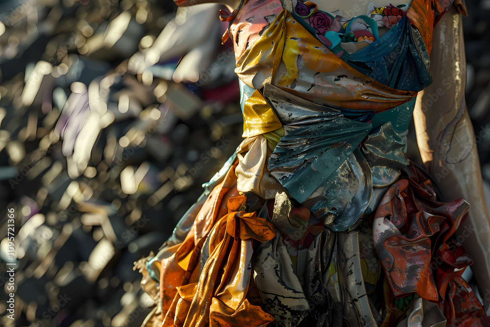 Close-up of a vibrant, artistic dress made from recycled materials, showcasing creativity and sustainability in fashion. Close-up of a vibrant, artistic dress made from recycled materials, showcasing creativity and sustainability in fashion.