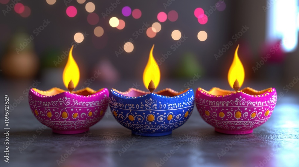 Festive Diwali Lamps Colorful Clay Diyas with Candles