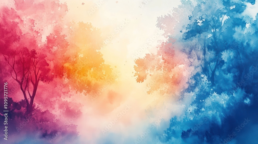 Fototapeta premium A vibrant watercolor landscape with colorful trees and a misty background.