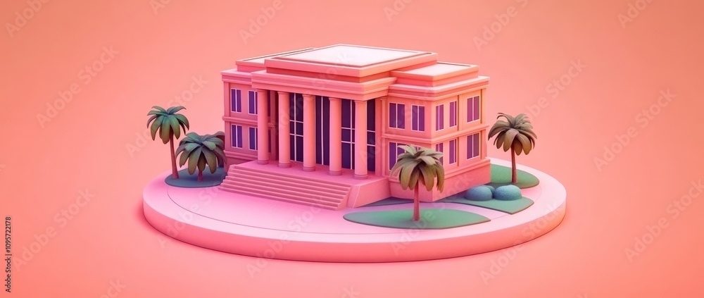 A stylized pink building with columns and palm trees on a circular base. A stylized pink building with columns and palm trees on a circular base.