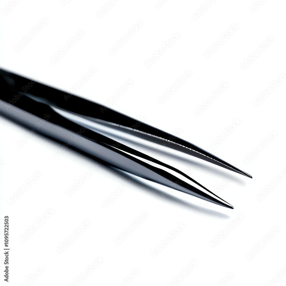 Black tweezers on a white background, precision tool for various tasks. Black tweezers on a white background, precision tool for various tasks.