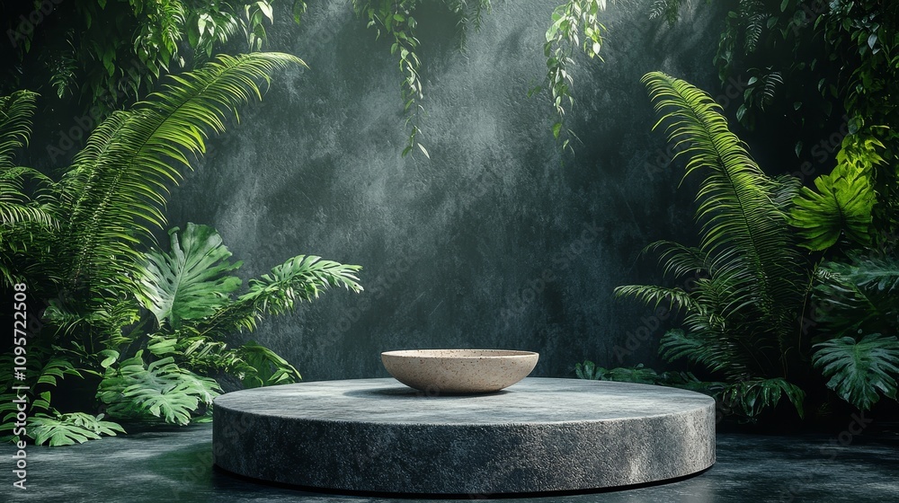 Stone Round Podium with a Bowl in Minimalistic Jungle Scene Featuring Ferns and Dark Concrete Wall, Hyperrealistic Rendering Style with Photorealistic Details Stone Round Podium with a Bowl in Minimalistic Jungle Scene Featuring Ferns and Dark Concrete Wall, Hyperrealistic Rendering Style with Photorealistic Details