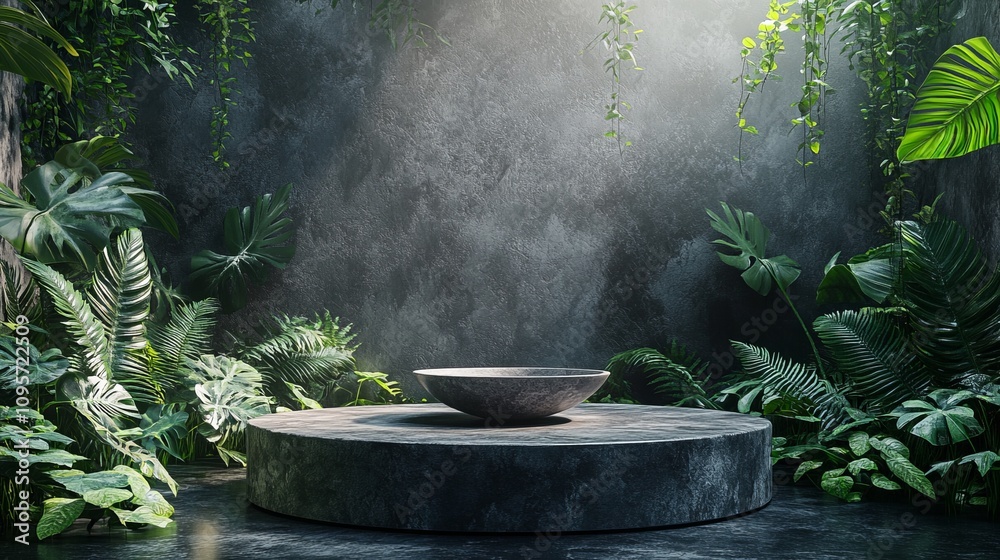 Stone Round Podium with a Bowl in Minimalistic Jungle Scene Featuring Ferns and Dark Concrete Wall, Hyperrealistic Rendering Style with Photorealistic Details Stone Round Podium with a Bowl in Minimalistic Jungle Scene Featuring Ferns and Dark Concrete Wall, Hyperrealistic Rendering Style with Photorealistic Details