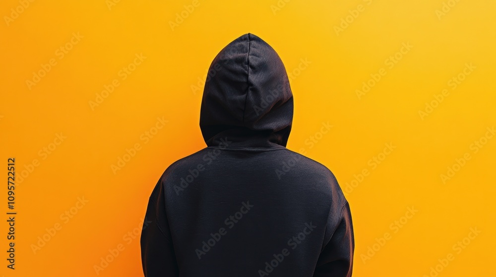 A person in a black hoodie facing a vibrant orange wall. A person in a black hoodie facing a vibrant orange wall.
