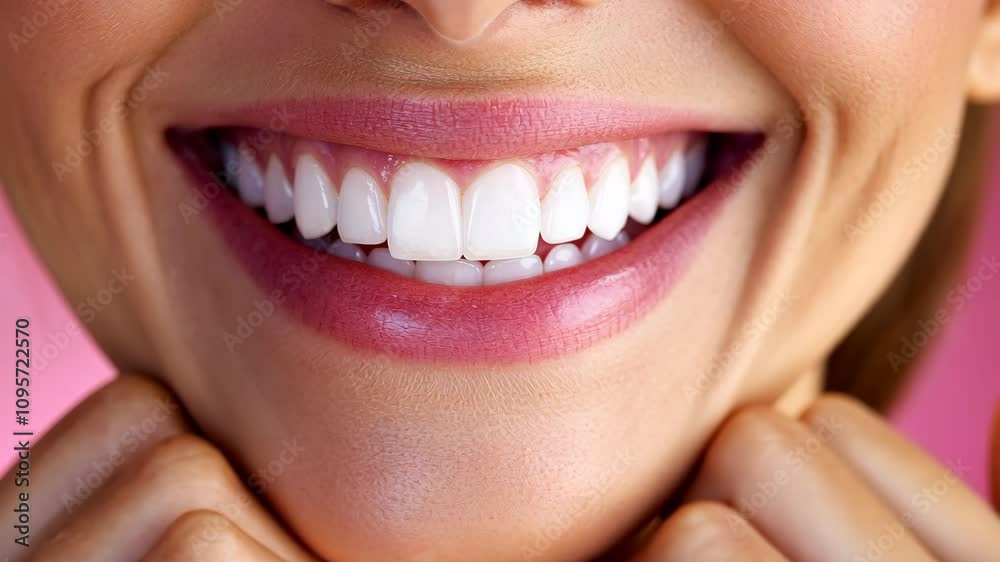 Close-up view reveals a woman's radiant smile showcasing healthy, white teeth against a pink background