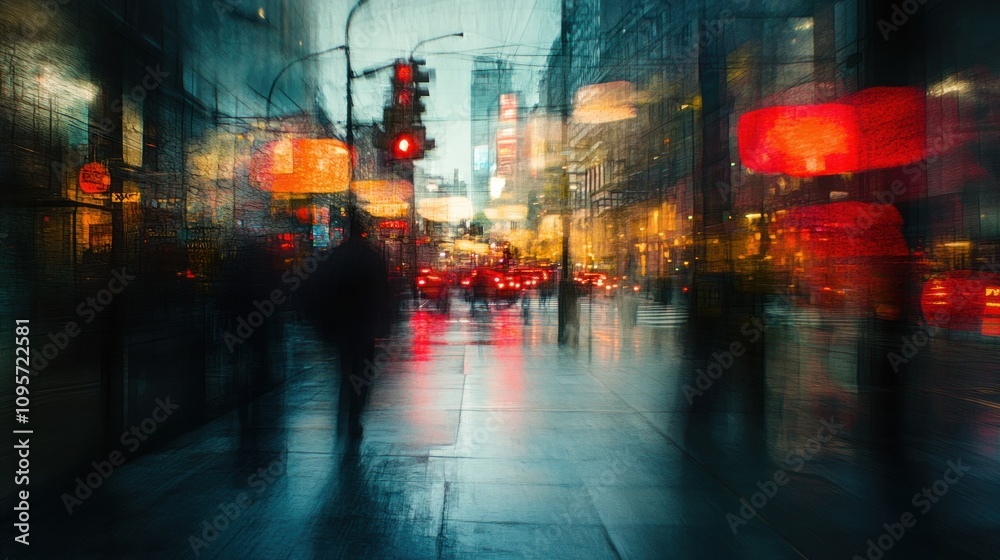 Fototapeta premium A blurred cityscape at night with traffic lights and pedestrians creating a dynamic scene.