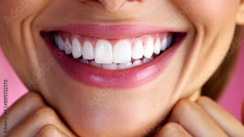 Close-up view reveals a woman's radiant smile showcasing healthy, white teeth against a pink background