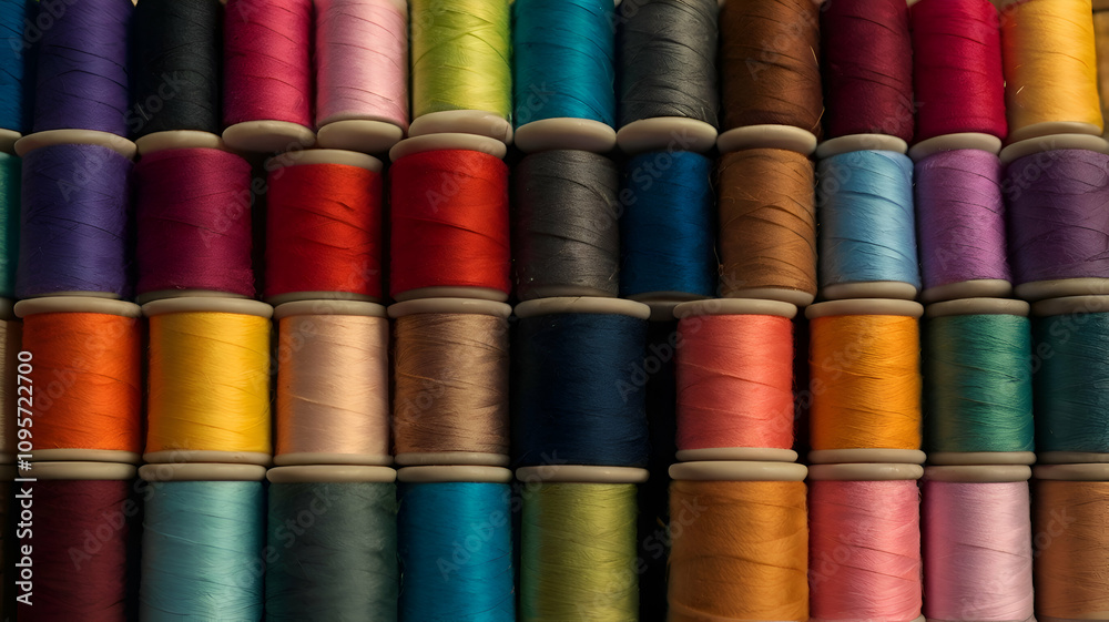 A closeup of vibrant spools of thread in varix Full frame shot of multicolored spool, A closeup of vibrant spools of thread in varix Full frame shot of multicolored spool,