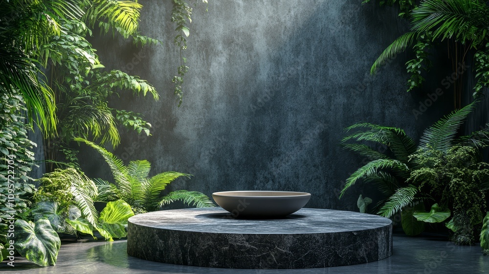 Stone Round Podium with a Bowl in Minimalistic Jungle Scene Featuring Ferns and Dark Concrete Wall, Hyperrealistic Rendering Style with Photorealistic Details Stone Round Podium with a Bowl in Minimalistic Jungle Scene Featuring Ferns and Dark Concrete Wall, Hyperrealistic Rendering Style with Photorealistic Details