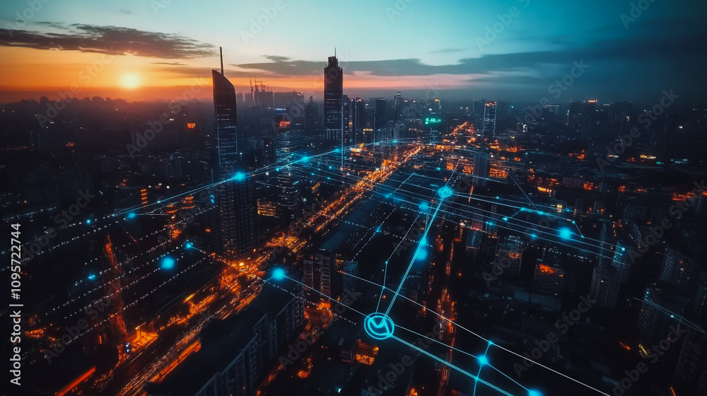 Obraz premium Smart digital Innovation city with connection network reciprocity over the cityscape. of future smart wireless digital city and social media networking systems that connects people with in city