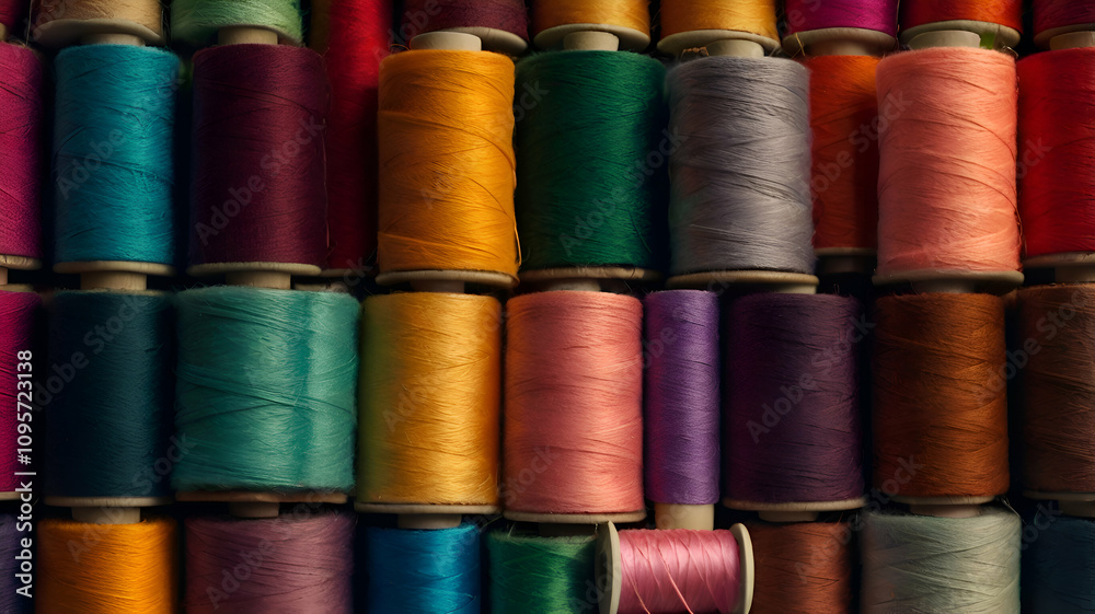 A closeup of vibrant spools of thread in varix Full frame shot of multicolored spool, A closeup of vibrant spools of thread in varix Full frame shot of multicolored spool,