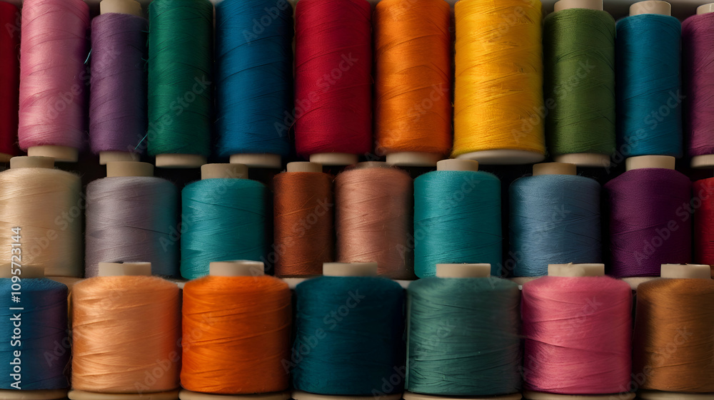 A closeup of vibrant spools of thread in varix Full frame shot of multicolored spool, A closeup of vibrant spools of thread in varix Full frame shot of multicolored spool,