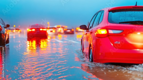 California highway during a flash flood, cars stalled in rising water,