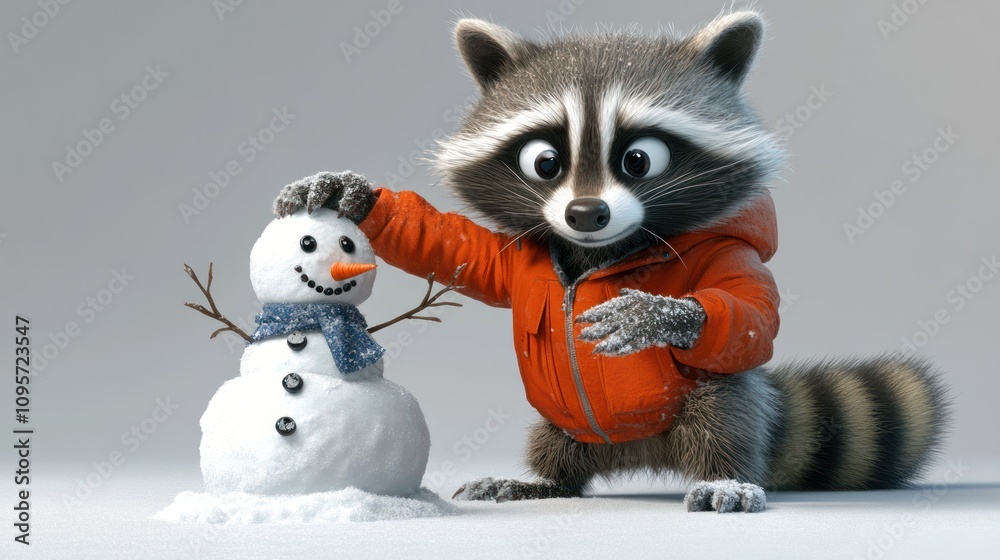 A cute raccoon in an orange jacket builds a snowman with a carrot nose and twig arms.